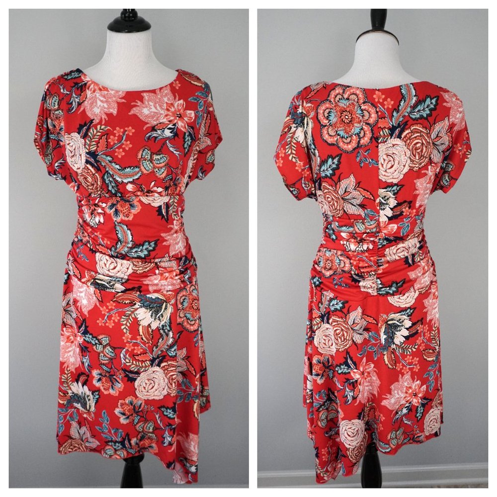 RABBIT RABBIT RABBIT DESIGNS Red Floral Cinch Waist Swing Dress Size 8